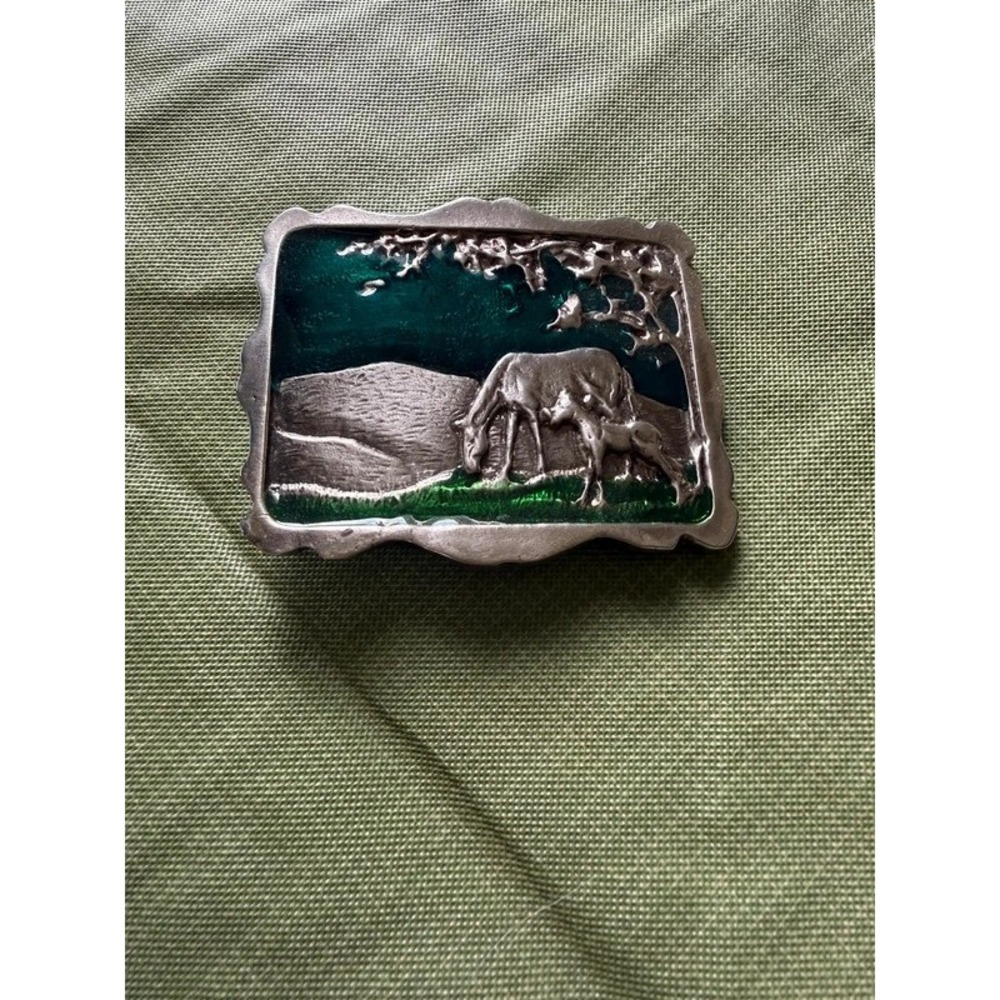 Very Unique Vintage Pewter Horse Mare & Foal Enamel Belt Buckle 2041